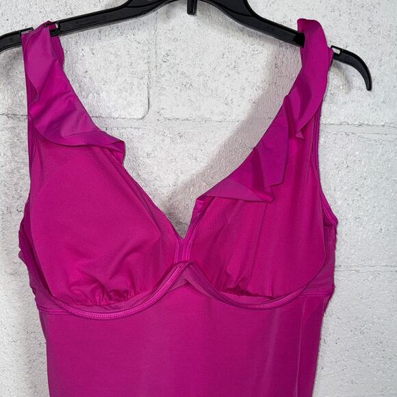 DKNY Ruffle Plunge Underwire Tummy Control One-Piece Swimsuit PINK XXL - Picture 10 of 12